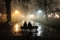 Two Silhouettes on a Bench in a Foggy Night Park Royalty Free Stock Photo
