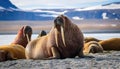 Walrus Colony Thriving on a Sunlit Arctic Beach, Majestic Creatures Basking in Frosty Serenity Amidst Winters Glistening Ice