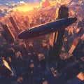 Zeppelin Soars Above Futuristic Cityscape - 391861254