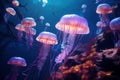Captivating Jellyfish glowing pink underwater color. Generate AI