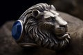 Ai Generative Jewelry ring with a lion head on a stone background.