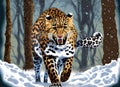 Snowy Elegance: Leopard in the Winter Forest - Vector Illustration