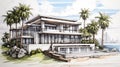 Captivating Oceanfront Modern House Sketch With Palm Trees