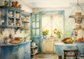Captivating Kitchen: A Window of Deep Blue and a Stunning Drawin Royalty Free Stock Photo