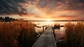 Captivating Lakeside Scene with Tall Reeds and Wooden Jetty, Ethereal Sunlight Casting Tranquil Shadows. Generative Ai