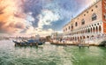 Captivating landscape of Riva degli Schiavoni with parked gondolas in Venice. Popular tourist destination