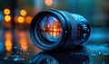 Captivating lens reflecting vibrant city lights at nightfall Royalty Free Stock Photo
