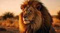 Lion In Open Field At Sunset: Detailed Facial Features And Innovating Techniques