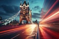 A captivating long exposure photograph showcasing the iconic Tower Bridge illuminated against the nighttime sky, UK, London, Tower