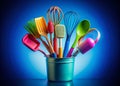 Enhancing Culinary Creativity A Macro Photography Exploration of Floating Kitchen Utensils Against a Vibrant Blue Royalty Free Stock Photo