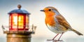 Closeup of a Wild Robin Perched on a Miniature Lighthouse Intricate Details in Stunning Macro Photography against a