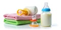 Essential Baby Bath Time Products A Closeup Look at a Milk Bottle Pacifier Shampoo and Soft Towel Perfect
