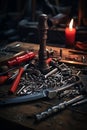 Intricate Metalworking: Tools, Fire, and Grit in a Dimly Lit Workshop