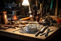 Intricate Jewelry Tools and Metalwork on Wooden Workbench