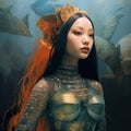 Captivating Mermaid Costume In Dark Orange And Light Cyan