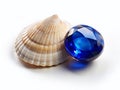 A Captivating Minimalist Composition Blue Sapphire and Seashell on a Pristine White Background Royalty Free Stock Photo