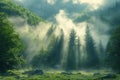 Sunbeams Through Misty Forest - High-Resolution Enchanted Woodland Photography Royalty Free Stock Photo