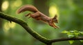 Agile red squirrel leaps across forest branches Royalty Free Stock Photo