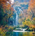 Captivating morning view of pure water waterfall in Plitvice National Park. Amazing autumn scene of Croatia, Europe. Abandoned pla Royalty Free Stock Photo