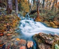 Captivating morning view of pure water waterfall in Plitvice National Park. Exotic autumn scene of Croatia, Europe.