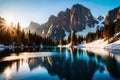 A captivating mountain lake with intense blue hues, set against the backdrop of majestic granite cliffs and a clear, sun-drenched Royalty Free Stock Photo