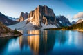 A captivating mountain lake with intense blue hues, set against the backdrop of majestic granite cliffs and a clear, sun-drenched Royalty Free Stock Photo