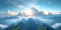 Captivating Mountain Landscape Bathed In Serene Sunrise Fluffy Clouds And Blue Sky Enhance Tranquil