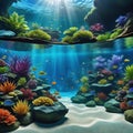 A captivating nature aquarium illustration with underwater and showcasing a harmonious aquascape