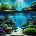 A captivating nature aquarium illustration with underwater and showcasing a harmonious aquascape