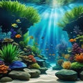 A captivating nature aquarium illustration with underwater and showcasing a harmonious aquascape