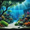 A captivating nature aquarium illustration with underwater and showcasing a harmonious aquascape