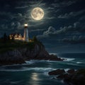 A captivating night scene lighthouse illustration