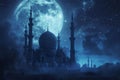 A captivating night scene showing a full moon shining brightly in the sky, Soothing nighttime scene of a mosque under moonlight, Royalty Free Stock Photo