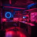 A captivating night-time view of a futuristic, neon-lit garage workspace, filled with DIY tools, Royalty Free Stock Photo