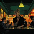 Captivating Noir Comic Art: A Female Bartender In New York City Speakeasy