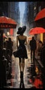 Captivating Noir Comic Art: Woman In Black With Red Umbrellas Royalty Free Stock Photo