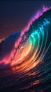 Captivating ocean wave illuminated with vibrant hues of pink, orange, and teal, creating a mesmerizing spectacle of nature\'s Royalty Free Stock Photo