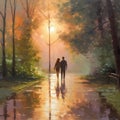 Captivating oil painting depicting a couple deeply in love, strolling hand in hand amidst a grove of tall, majestic