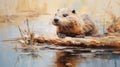 Neo-victorian Oil Painting Of Beaver On Log In Water