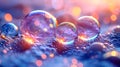 Captivating orbs of soap bubbles reflecting colorful lights at sunset Royalty Free Stock Photo