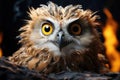 Captivating owl with fiery eyes perched on branch with flames