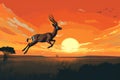 A captivating painting capturing the powerful moment of a deer gracefully leaping into the air, A gazelle leaping across the