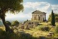A captivating painting depicting a magnificent Greek temple standing proudly atop a picturesque hill, A Greek temple in ruins