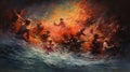 Biblical Drama: Oil Painting Of People In Water And Fire