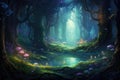 A captivating painting that depicts an expanse of lush trees in a serene forest, An enchanting forest scene populated with