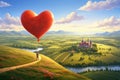 A captivating painting featuring a heart-shaped balloon flying gracefully above a picturesque countryside, A heart balloon ride