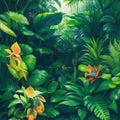 Captivating Painting of Lush Rainforest Vegetation with Dense Canopies and Elegant Orchids