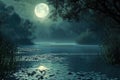 A captivating painting of a river with a serene full moon shining in the backdrop, A mystical swamp bathed in moonlight, AI