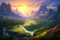 A captivating painting of a serene mountain valley with a river beautifully flowing through it., Mountain valley during sundown,