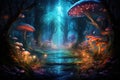 A captivating painting showcasing a lush forest teeming with an array of mushrooms, A magical forest scene with bioluminescent